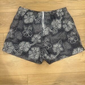 Vintage Pacific Scene Hibiscus Floral Swim Trunks Shorts Black White Men's XL